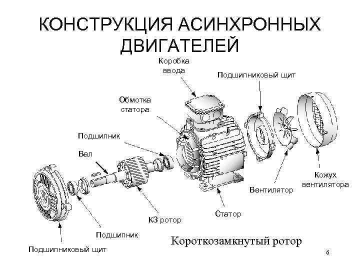 КОНСТРУКЦИЯ АСИНХРОННЫХ ДВИГАТЕЛЕЙ Коробка ввода Подшипниковый щит Обмотка статора Подшипник Вал Вентилятор КЗ ротор