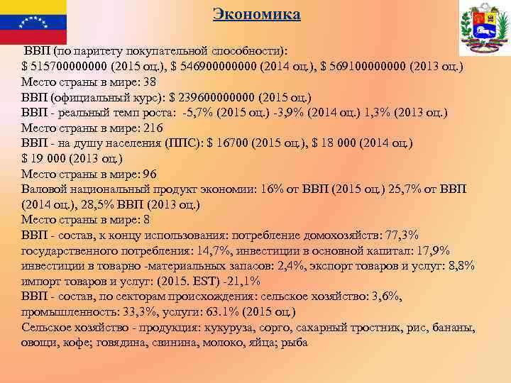 Экономика ВВП (по паритету покупательной способности): $ 51570000 (2015 оц. ), $ 54690000 (2014