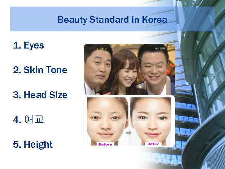 Beauty Standard in Korea 1. Eyes 2. Skin Tone 3. Head Size 4. 애교