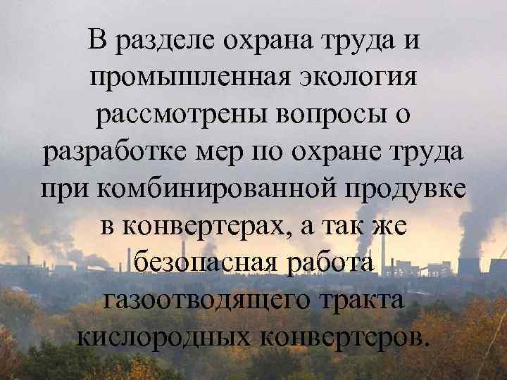 В разделе охрана труда и промышленная экология рассмотрены вопросы о разработке мер по охране