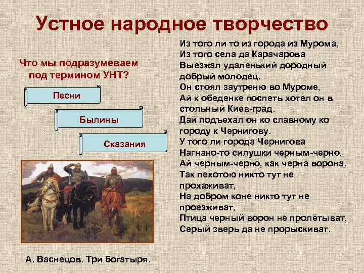 Устное народное творчество Что мы подразумеваем под термином УНТ? Песни Былины Сказания А. Васнецов.