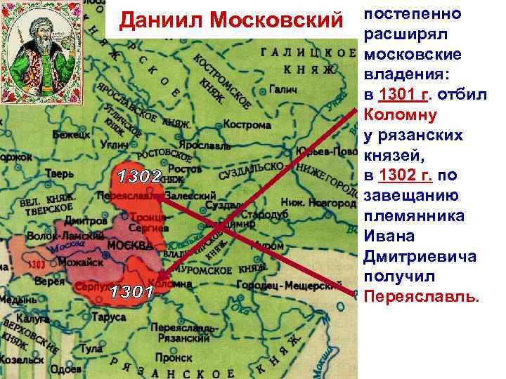 Даниил Московский постепенно расширял московские владения: в 1301 г. отбил Коломну у рязанских князей,