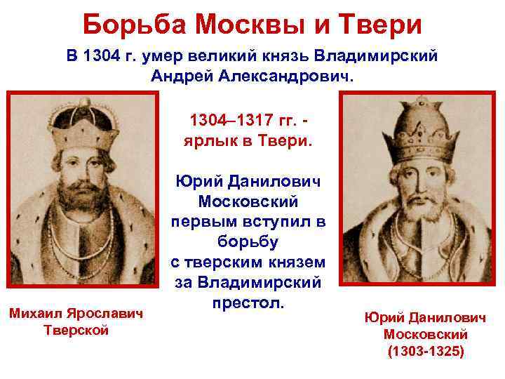 Борьба Москвы и Твери В 1304 г. умер великий князь Владимирский Андрей Александрович. 1304–