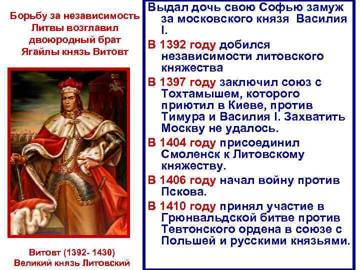 Выдал дочь свою Софью замуж Борьбу за независимость за московского князя Василия Литвы возглавил