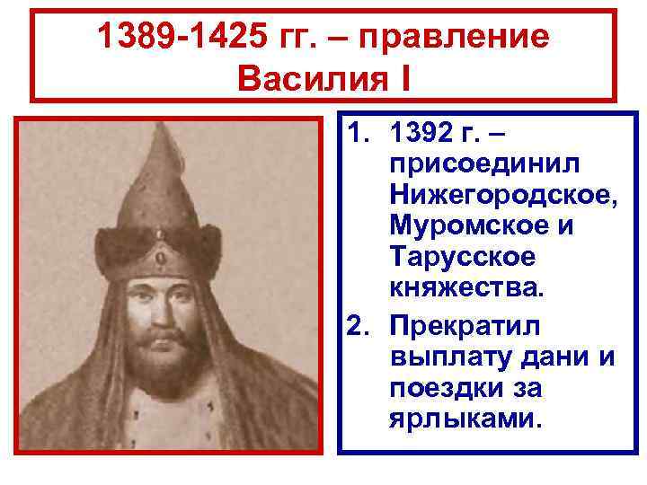 1389 -1425 гг. – правление Василия I 1. 1392 г. – присоединил Нижегородское, Муромское