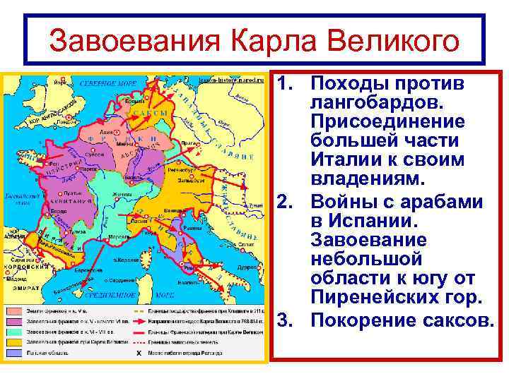 Завоевания Карла Великого 1. Походы против лангобардов. Присоединение большей части Италии к своим владениям.