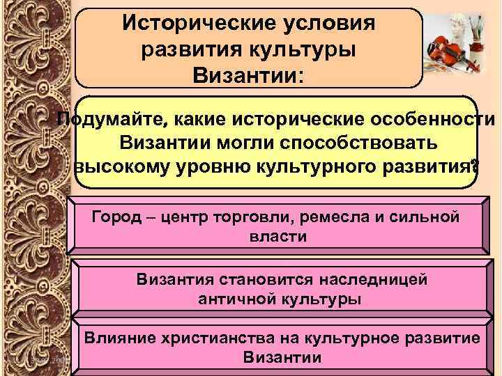Исторические условия развития культуры Византии: Подумайте, какие исторические особенности Византии могли способствовать высокому уровню