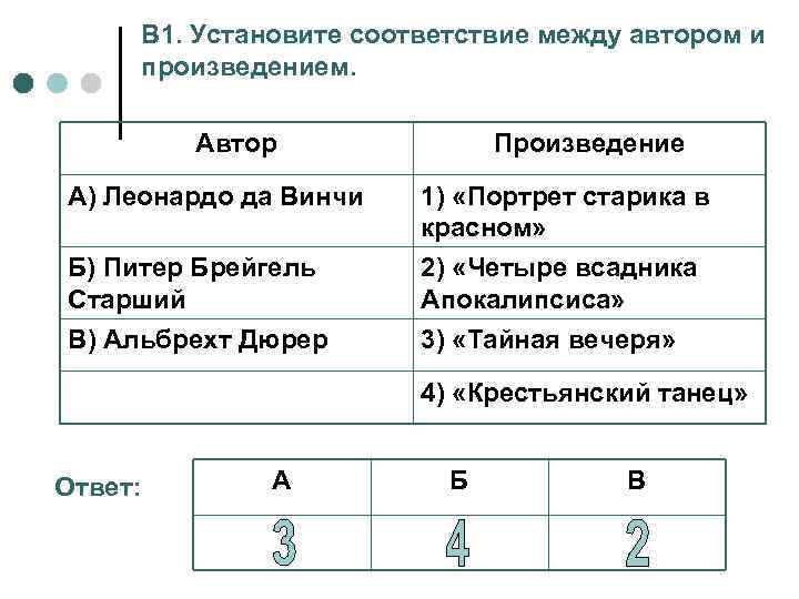 В 1. Установите соответствие между автором и произведением. Автор Произведение А) Леонардо да Винчи