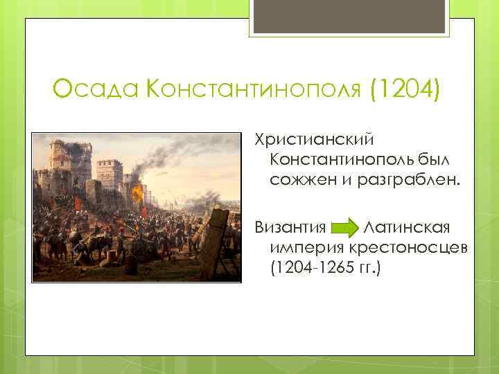 Осада Константинополя (1204) Христианский Константинополь был сожжен и разграблен. Византия Латинская империя крестоносцев (1204