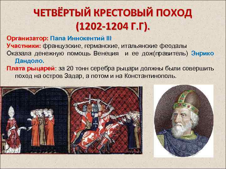 ЧЕТВЁРТЫЙ КРЕСТОВЫЙ ПОХОД (1202 -1204 Г. Г). Организатор: Папа Иннокентий III Участники: французские, германские,