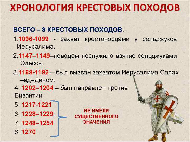 ХРОНОЛОГИЯ КРЕСТОВЫХ ПОХОДОВ ВСЕГО – 8 КРЕСТОВЫХ ПОХОДОВ: ПОХОДОВ 1. 1096 -1099 - захват