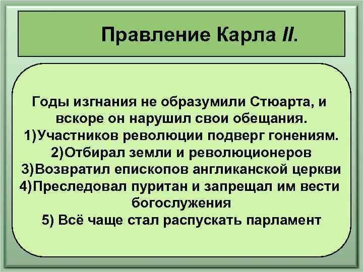 Правление Карла II. Годы изгнания не образумили Стюарта, и вскоре он нарушил свои обещания.