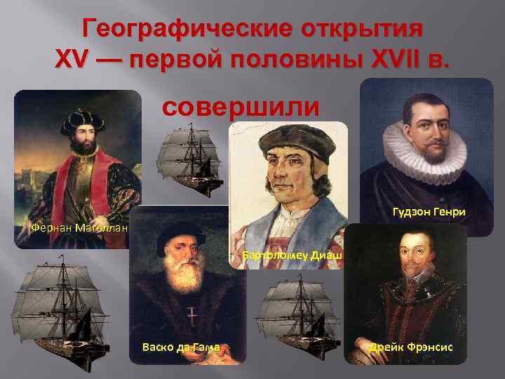 Географические открытия XV — первой половины XVII в. совершили Гудзон Генри Фернан Магеллан Бартоломеу