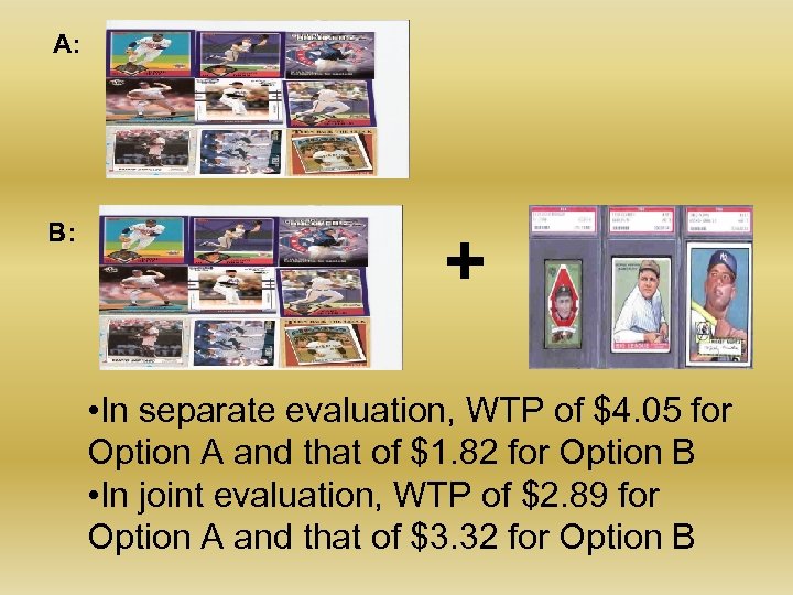 A: B: + • In separate evaluation, WTP of $4. 05 for Option A