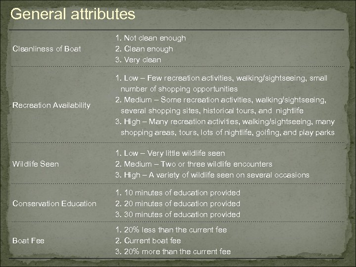 General attributes Cleanliness of Boat 1. Not clean enough 2. Clean enough 3. Very