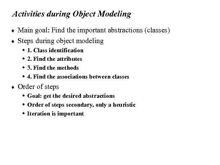 Activities during Object Modeling ¨ ¨ Main goal: Find the important abstractions (classes) Steps