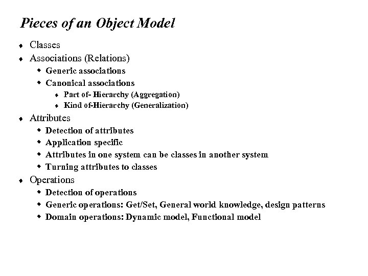 Pieces of an Object Model ¨ ¨ Classes Associations (Relations) w Generic associations w