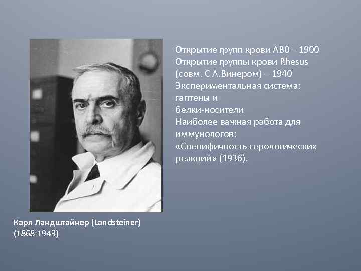 Открытие групп крови AB 0 – 1900 Открытие группы крови Rhesus (совм. С А.