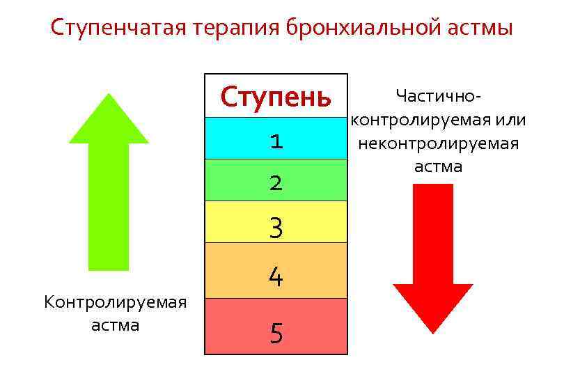 Ступенчатая терапия бронхиальной астмы Ступень 1 2 3 4 Контролируемая астма 5 Частичноконтролируемая или