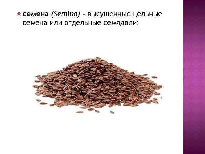  семена (Semina) - высушенные цельные семена или отдельные семядоли; 