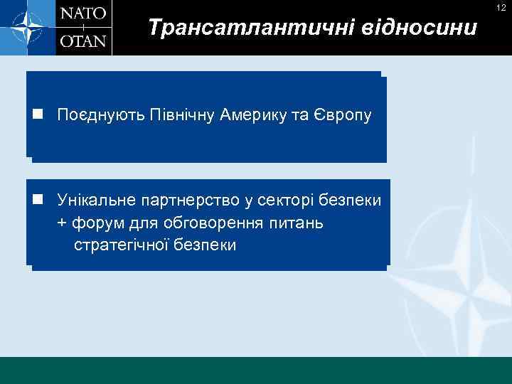 12 Трансатлантичні відносини n Поєднують Північну Америку та Європу n Унікальне партнерство у секторі