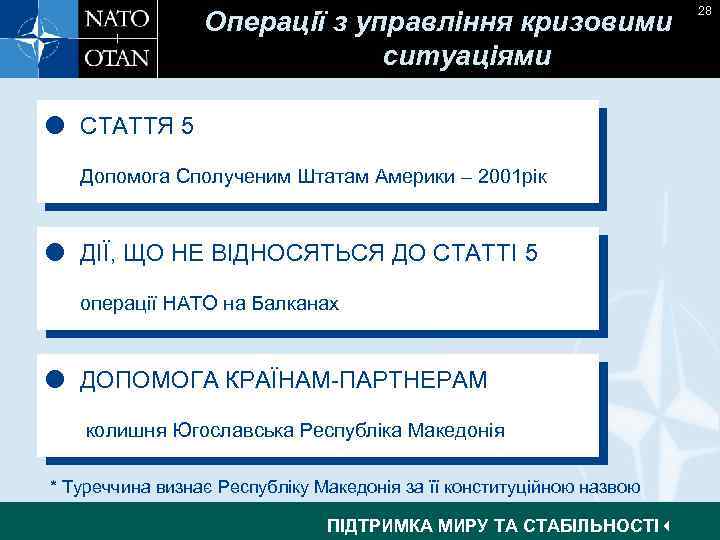 Операції з управління кризовими ситуаціями СТАТТЯ 5 Допомога Сполученим Штатам Америки – 2001 рік