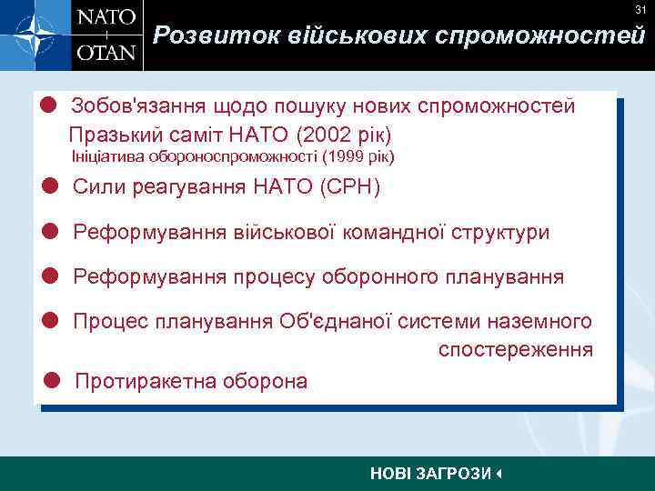 31 Розвиток військових спроможностей Зобов'язання щодо пошуку нових спроможностей Празький саміт НАТО (2002 рік)