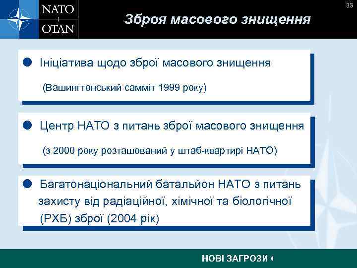 33 Зброя масового знищення Ініціатива щодо зброї масового знищення (Вашингтонський самміт 1999 року) Центр