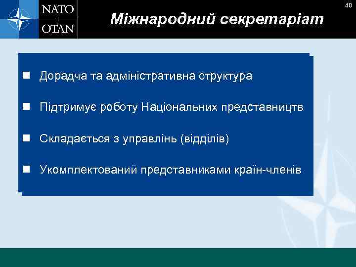 40 Міжнародний секретаріат n Дорадча та адміністративна структура n Підтримує роботу Національних представництв n