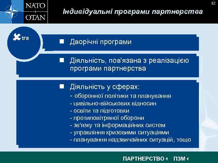 52 Індивідуальні програми партнерства tra n Дворічні програми n Defence reform n Діяльність, пов'язана