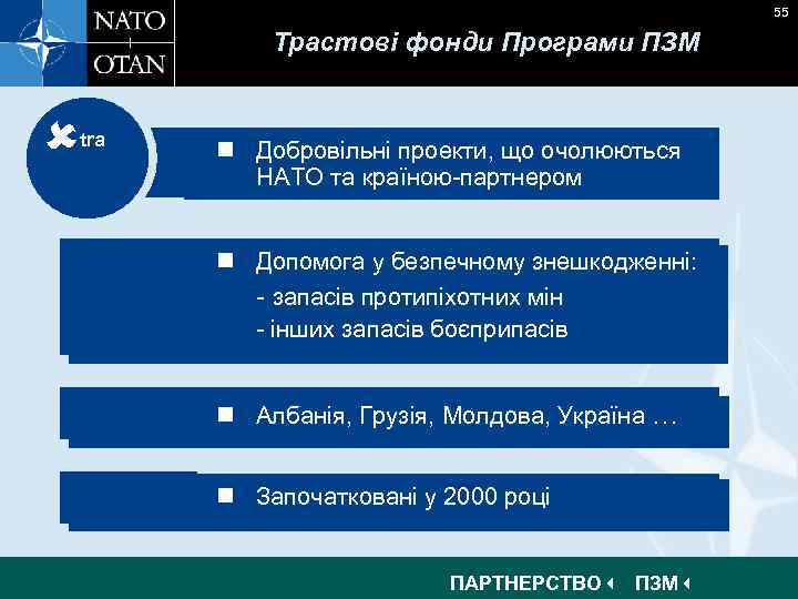 55 Трастові фонди Програми ПЗМ tra n Добровільні проекти, що очолюються НАТО та країною-партнером