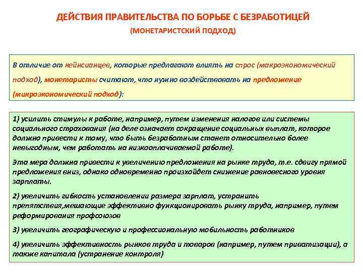 ДЕЙСТВИЯ ПРАВИТЕЛЬСТВА ПО БОРЬБЕ С БЕЗРАБОТИЦЕЙ (МОНЕТАРИСТСКИЙ ПОДХОД) В отличие от кейнсианцев, которые предлагают