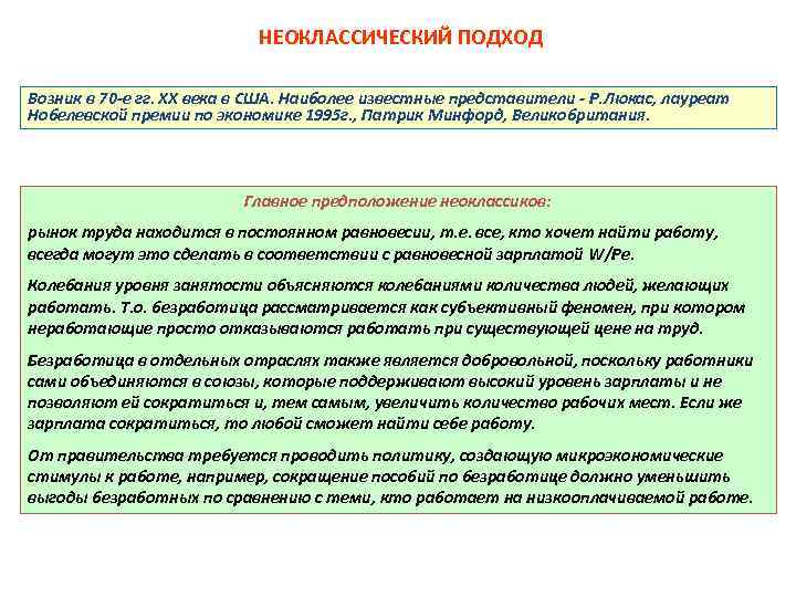 НЕОКЛАССИЧЕСКИЙ ПОДХОД Возник в 70 -е гг. ХХ века в США. Наиболее известные представители