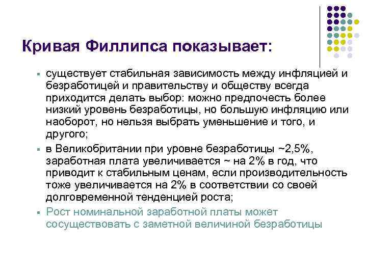 Кривая Филлипса показывает: § § § существует стабильная зависимость между инфляцией и безработицей и