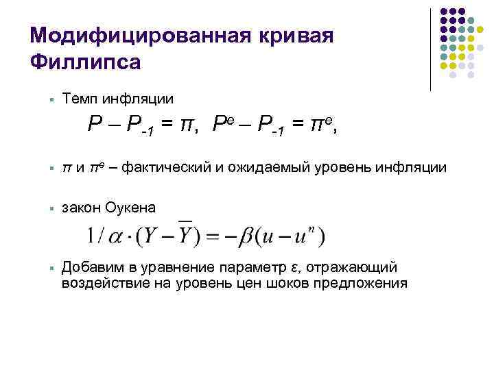  Модифицированная кривая Филлипса § Темп инфляции P – P-1 = π, Pe –