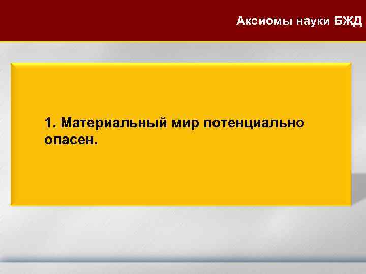 Аксиомы науки БЖД 1. Материальный мир потенциально опасен. 