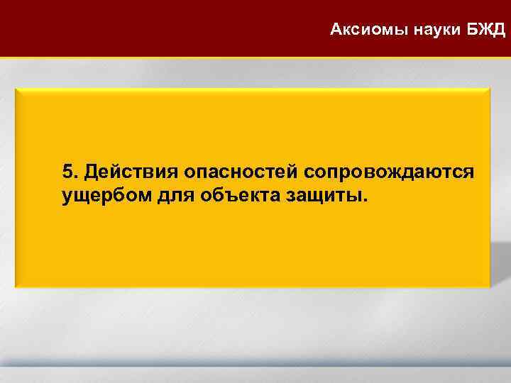Аксиомы науки БЖД 5. Действия опасностей сопровождаются ущербом для объекта защиты. 