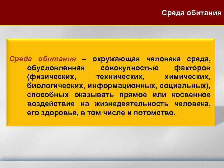 Среда обитания – окружающая человека среда, обусловленная совокупностью факторов (физических, технических, химических, биологических, информационных,