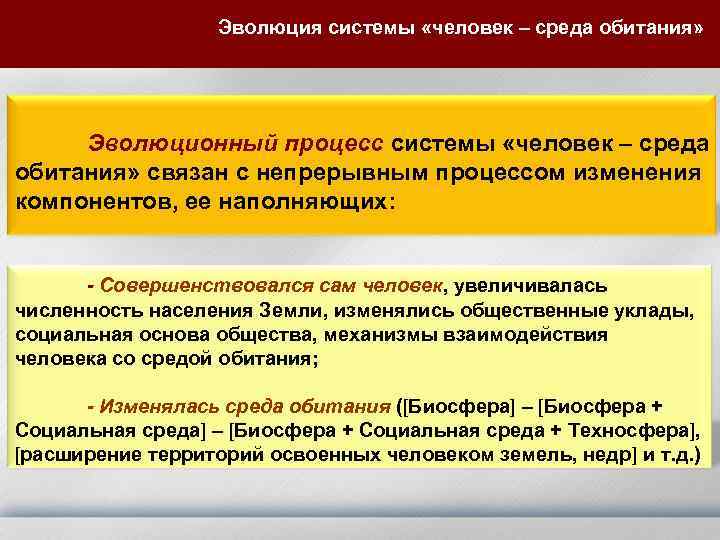 Эволюция системы «человек – среда обитания» Эволюционный процесс системы «человек – среда обитания» связан