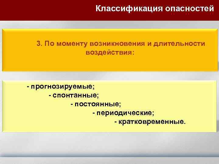 Классификация опасностей 3. По моменту возникновения и длительности воздействия: - прогнозируемые; - спонтанные; -