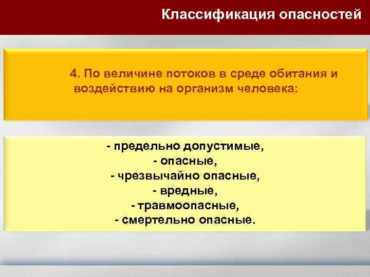 Классификация опасностей 4. По величине потоков в среде обитания и воздействию на организм человека: