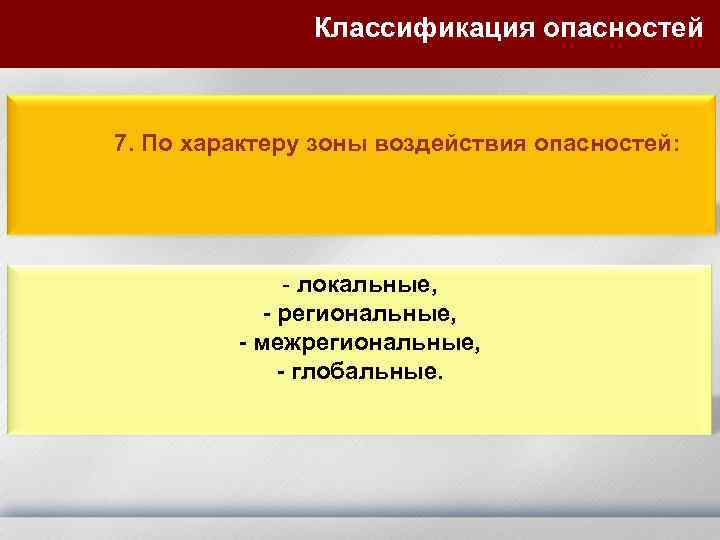 Классификация опасностей 7. По характеру зоны воздействия опасностей: - локальные, - региональные, - межрегиональные,