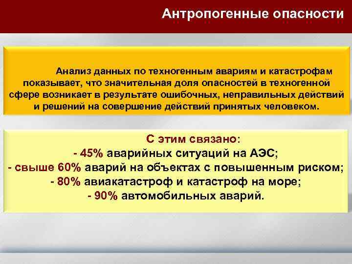 Антропогенные опасности Анализ данных по техногенным авариям и катастрофам показывает, что значительная доля опасностей