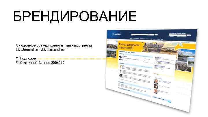 БРЕНДИРОВАНИЕ Синхронное бранедирование главных страниц Live. Journal. com/Live. Journal. ru: • • Подложка Статичный