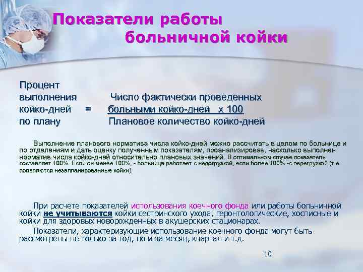 Показатели работы больничной койки Процент выполнения койко-дней = по плану Число фактически проведенных больными