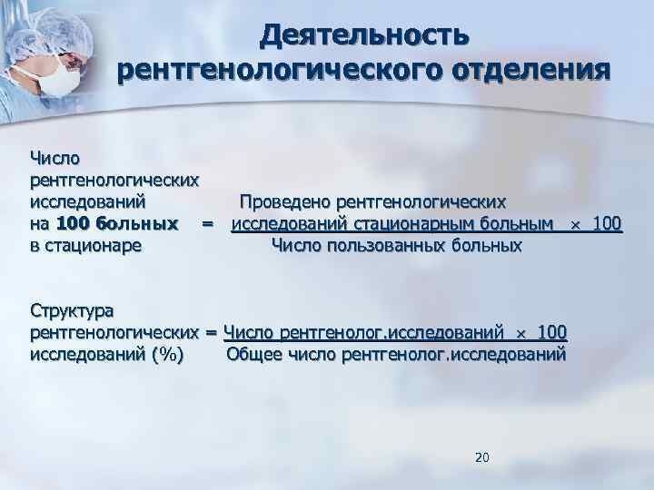 Деятельность рентгенологического отделения Число рентгенологических исследований Проведено рентгенологических на 100 больных = исследований стационарным