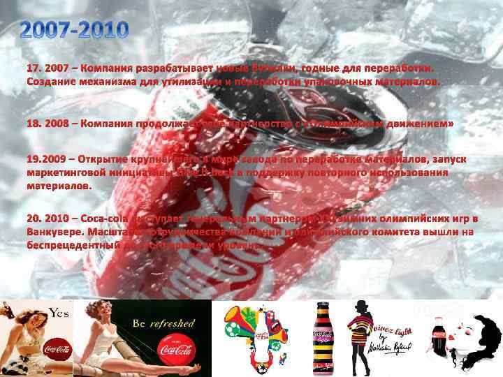17. 2007 – Компания разрабатывает новые бутылки, годные для переработки. Создание механизма для утилизации