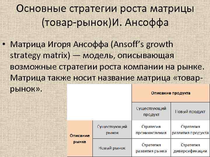 Основные стратегии роста матрицы (товар-рынок)И. Ансоффа • Матрица Игоря Ансоффа (Ansoff’s growth strategy matrix)