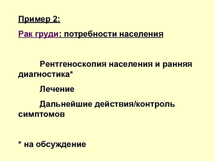 Пример 2: Рак груди: потребности населения Рентгеноскопия населения и ранняя диагностика* Лечение Дальнейшие действия/контроль