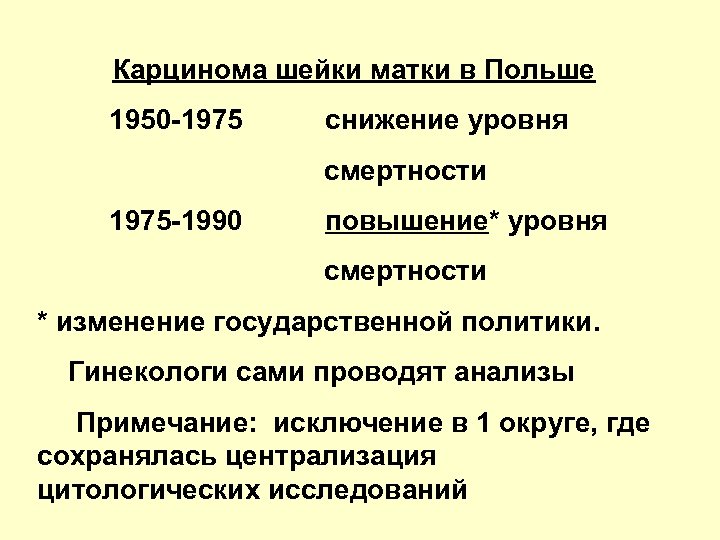 Карцинома шейки матки в Польше 1950 -1975 снижение уровня смертности 1975 -1990 повышение* уровня